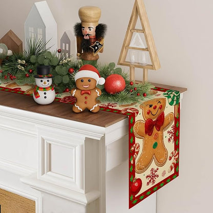 Christmas Gingerbread Table Runner 13x72 in Winter Table Runner Burlap Farmhouse Dining Tables Decoration with Candy Canes Red Green Christmas Design Holiday for Kitchen Dining Party Decor
