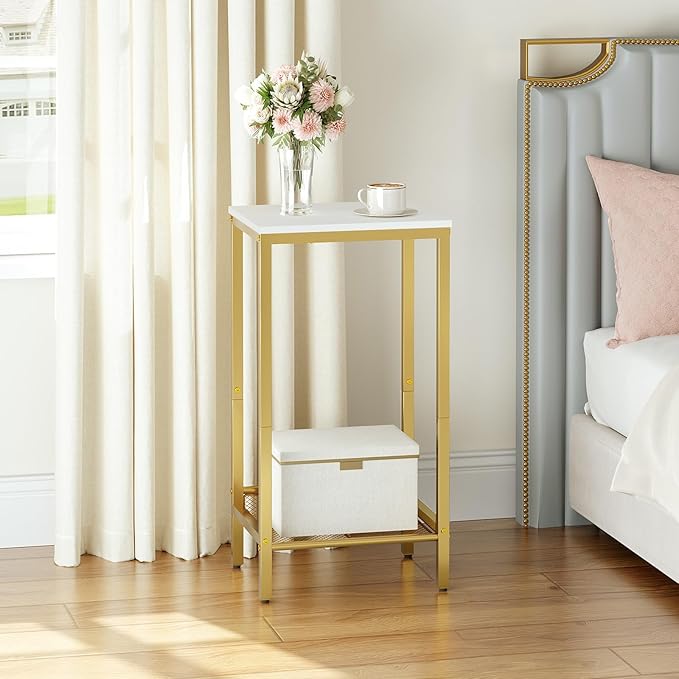 HOOBRO Tall Side Table, Industrial End Telephone Table with Adjustable Mesh Shelves, Small Tall Night Stand for Living Room, Bedroom, Entryway, Office, White and Gold DW03DH01