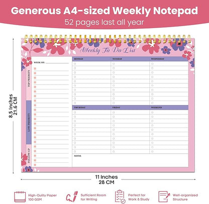 Weekly To Do List Notepad with 52 Undated Sheets（8.5"×11"）- Undated Weekly Planner Notepad for Office Desk Accessories and Supplies - Petal Pink