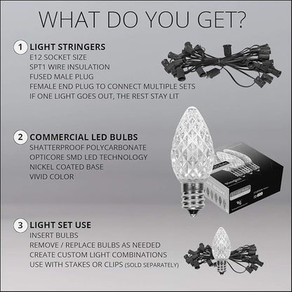 Wintergreen Lighting 100 ft C7 OptiCore Green Commercial Christmas Lights, 100 Lights - for Outdoor Holiday St. Patrick's Day Party; Green Wire
