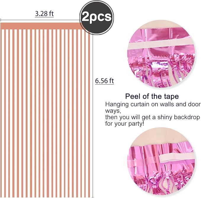 2 Pcs Rose Gold Metallic Tinsel Foil Fringe Curtains Backdrop, 3.28 ft x 6.56 ft Streamers for Birthday Wedding Engagement Bachelorette Party Photo Booth Bridal Shower Baby Shower Decorations Supplies