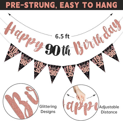 90th Birthday Decorations for Women, Black Rose Gold Happy 90th Birthday Banner Hanging Swirls Vintage 1935 Birthday Decorations Kit Cheers to 90 Birthday