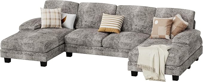 JUMMICO Sectional Couches for Living Room, U Shaped Couch with Chenille Fabric, 4 Seat Modern Sofa with Removable Pillows for Apartment and Small Space (Fabric, Grey)