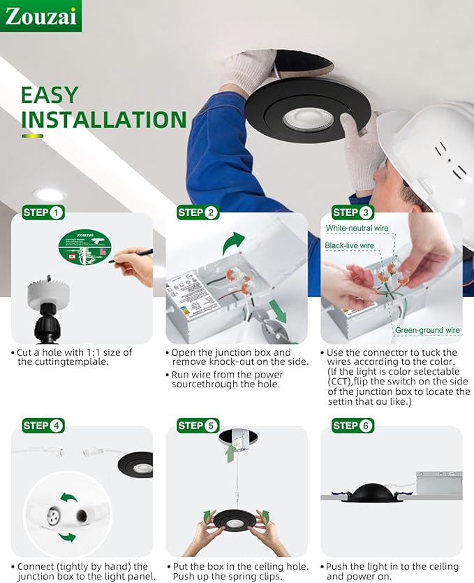 zouzai Classic 4 inch 5CCT Gimbal LED Recessed Light, 360°+90° Adjustable Directional Retrofit Eyeball Can Light with J-Box, Dimmable 2700K/3000K/3500K/4000K/5000K, ETL Certified (Black,6 Pack)