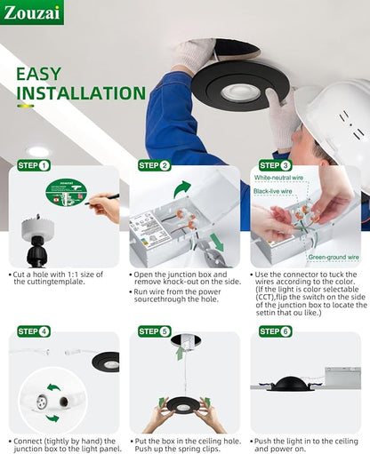 zouzai Classic 4 inch 5CCT Gimbal LED Recessed Light, 360°+90° Adjustable Directional Retrofit Eyeball Can Light with J-Box, Dimmable 2700K/3000K/3500K/4000K/5000K, ETL Certified (Black,6 Pack)