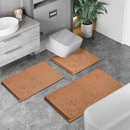 Bathroom Rugs Sets 3 Piece Non Slip Extra Absorbent Shaggy Chenille Bathroom Rugs and Mats Sets, Soft & Dry Bath Rug/Mat Sets for Bathroom Washable Carpets