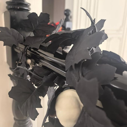 Artificial Fall Garland with Maple Leaves, Pumpkins & Berries – 7ft Black Autumn Garland for Thanksgiving, Fireplace Mantel, Doorway & Fall Harvest Table Decor,Halloween Decor