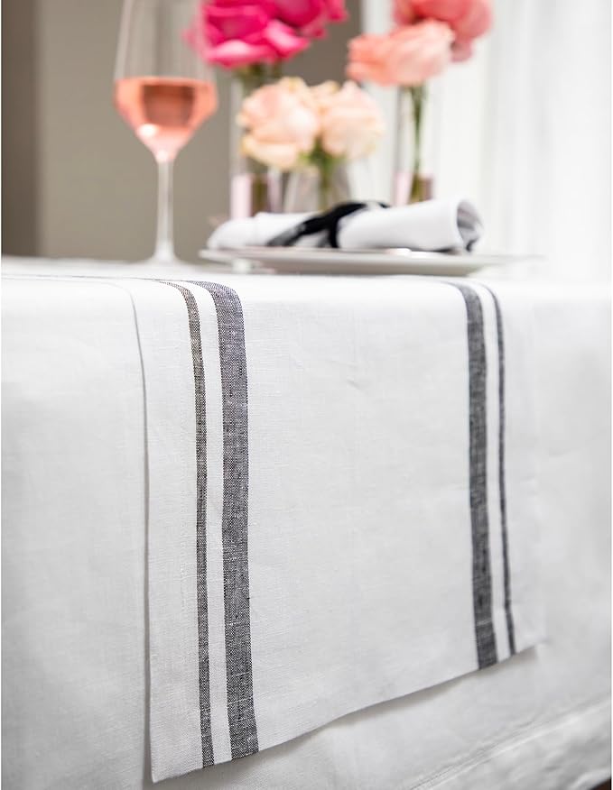 Solino Home Linen Table Runner 60 Inches - 100% Pure Linen Black and White French Stripe Table Runner 14 x 60 Inch Ideal for Dresser and Coffee Tables - Fall, Autumn, Holiday