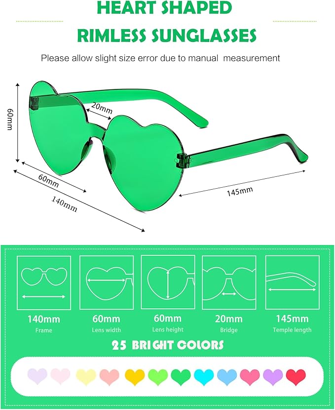 100 Pairs Heart Shaped Sunglasses for Women, Colorful Rimless Fun Heart Sunglasses Bulk Party Favors