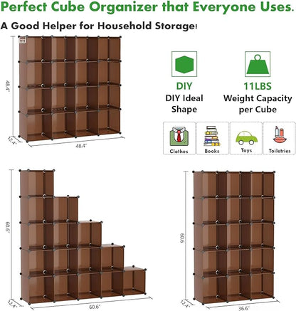 C&AHOME 16-Cube Storage Organizer, Plastic Shelves Units, DIY Closet Organizer, Modular Shelves Ideal for Home, Bedroom, 48.4" L 12.4" W 48.4" H Brown UPCS16C