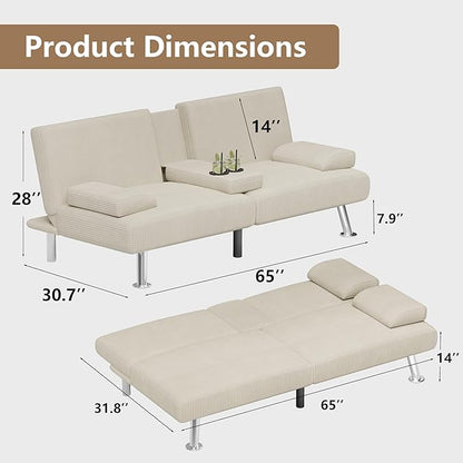 Flamaker Futon Sofa Bed Corduroy Folding Couch Adjustable Sleeper Sofa Bed for Small Apartment Upholstered Living Room Furniture Set with 2 Cup Holders Removable Armrests (Corduroy, Beige)