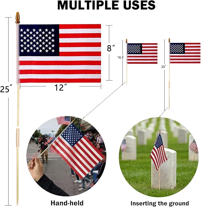 12 Pack 8x12 Inch American Flags on Stick, American Flags for Outside, USA Stick Flag with Handheld and Grounded Multi-Purpose Flagpole, Memorial Day, 4th of July Decorations, Veterans Day, Patriotic Decorations