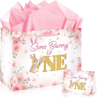 First Birthday Party Decorations for Girls Large Rabbit 1st Birthday Gift Bag Pink Bunny Floral Baby Shower Bag with Handles Tissue Paper Greeting Card for Christmas Some Bunny Is One Party Supplies