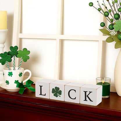 4pcs Reversible Valentines Day St. Patrick's Day Decorations Rustic Love Luck Wooden Blocks Tiered Tray Decor Love Sign Tabletop Centerpieces for Anniversary Home Mantle Shelf Party Supplies