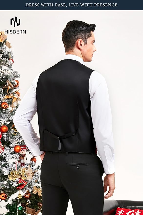 HISDERN Men's Suit Vest Christmas Holiday Season Party Jacquard Waistcoats Necktie Pocket Square Vest Suit Set