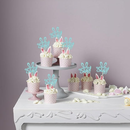 Ephlyn 24Pcs Happy Easter Cupcake Toppers - Blue Glitter Rabbit Ear Picks Decorations for Easter Day Theme, Baby Shower, Kids Birthday Party Supplies