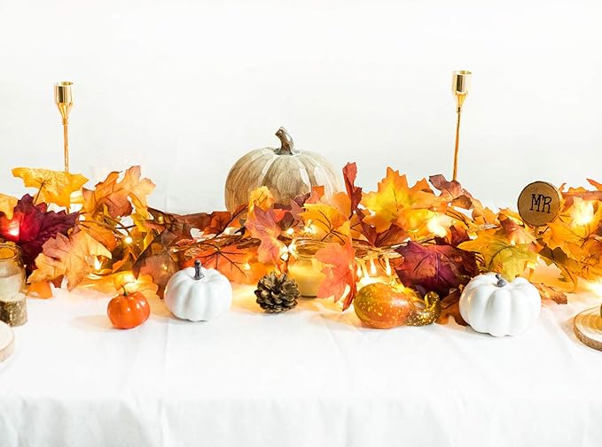 DearHouse 2 Pack Fall Maple Leaf Garland, 5.9Ft/Piece Hanging Vine With 16.4ft 40 Led String Light, Artificial Autumn Thanksgiving Decor for Home Wedding Fireplace Party