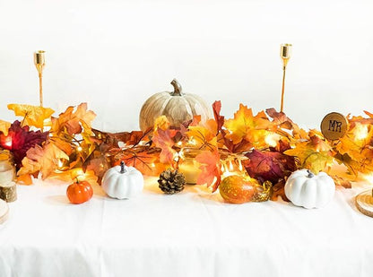 DearHouse 2 Pack Fall Maple Leaf Garland, 5.9Ft/Piece Hanging Vine With 16.4ft 40 Led String Light, Artificial Autumn Thanksgiving Decor for Home Wedding Fireplace Party