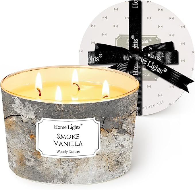 HomeLights Large jar Candle | 4-Wick Long-Lasting Scented Candles, 18oz Natural Soy Wax Candle for Home Scented, Industrial Chic Gifts for Women & Men, Smoke Vanilla
