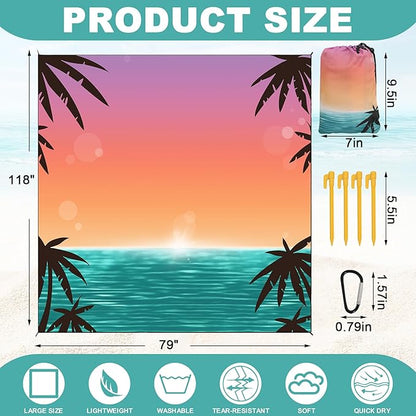 Beach Blanket Waterproof Sandrproof Large Beach Mat 79" X 118" for 2-8 Adults Quick Drying Outdoor Picnic Mat 4 Stakes & 4 Corner Pockets for Travel Picnic Camping Hiking （Gradient Sky&Sea）