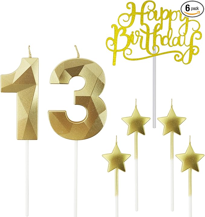 Golden Number 13 Birthday Candles and Star Birthday Candles 2.76 inch Birthday Cake Candles 3D Diamond Shaped Candles are Suitable for Birthday Parties and Anniversary Cake Decorations Candles