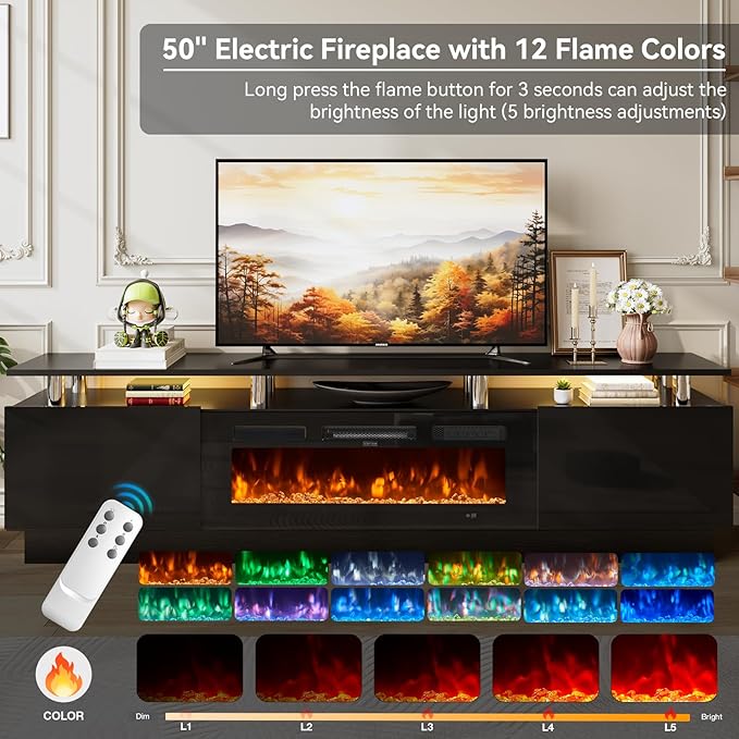 90" TV Stand for Living Room, Large Entertainment Center & Media Console, Fits TVs up to 100", Storage Cabinet with Shelves, 50" Electric Fireplace