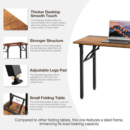 TEMI Long Computer Desk Folding Table - 55.1 Foldable Office Desk, No Assembly, Perfect Writing Table for Bedroom, Dorm, or Apartment, Portable Large Desk or Study Table with Compact Design, Brown