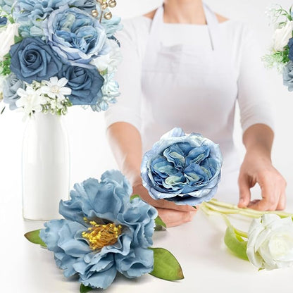Blue Silk Flowers bulk Artificial - Fake Roses with Stems, Combo Dusty Blue Flowers for DIY Wedding Bouquets Bridal Shower Centerpieces, Home Decorations, Table Centerpieces, Floral Arrangement.
