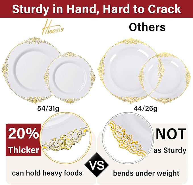 Hioasis 210pcs White and Gold Plastic Plates - Disposable Dinnerware Set Suitable for 30 Guests Include 10.25" Dinner & 7.5" Dessert Plates, Pre Rolled Silverware Set, Cups for Party & Wedding