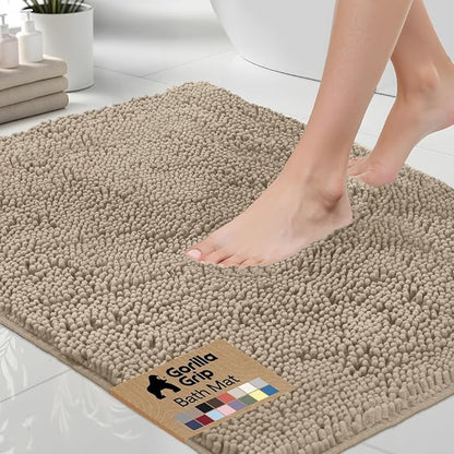 GORILLA GRIP Bath Rug Mat 48x17, Thick Absorbent Chenille, Quick Dry Microfiber Mats, Rubber Backing Washable Shower Floor Rugs, Bathmat Runner, US Designed Bathroom Home Decor Accessories Gray Beige