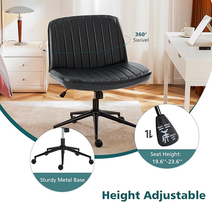 OLIXIS Criss Cross Chair with Wheels Wide Cross Legged Office Desk Vanity Chair Comfy Fabric Armless Adjustable Swivel for Home Computer Task PU Black