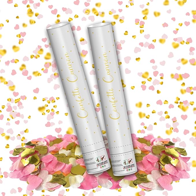 16" Confetti Cannons with Pink & Gold Heart Filling - Party Poppers for Gender Reveal Baby Shower Bridal Shower Valentine Wedding Anniversary - Easy to Use - Pack of 2