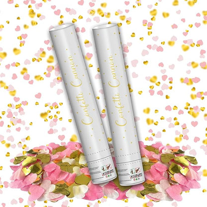 16" Confetti Cannons with Pink & Gold Heart Filling - Party Poppers for Gender Reveal Baby Shower Bridal Shower Valentine Wedding Anniversary - Easy to Use - Pack of 2