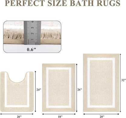 Pauwer Bathroom Rugs Sets 3 Piece Bathroom Shower Rugs with U-Shaped Contour Toilet Mat Absorbent Microfiber Plush Bath Mats Non Slip Bath Rugs Machine Washable Shaggy Bath Floor Mats, Light Beige