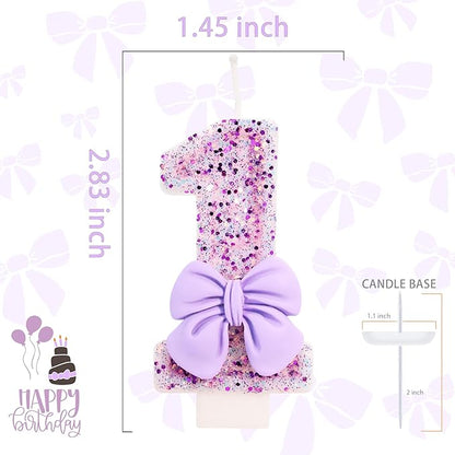 Birthday Candle for Cake, 1 Candle - Purple Bowknot, 2.76 inch Cake Topper Decoration for 1 Year Old Birthday Party (Number 1)