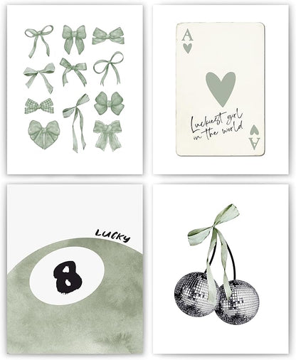 okaxscm Sage Green Coquette Trendy Preppy Wall Art Prints Set of 4, Coquette Preppy Room Decor Aesthetic, Green Bow Disco 8 Ball Cherry Wall Decor Posters for Girls Bedroom Dorm, 8x10 Unframed