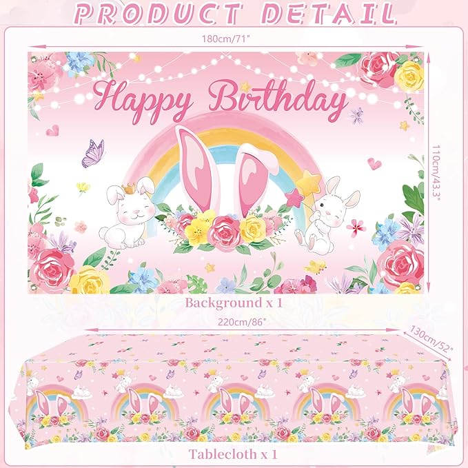 Pink Bunny Birthday Party Decorations for Gilrs - Rabbit Party Supplies including Happy Birthday Backdrop, Spirals, Cake Toppers, Table Centerpieces, Balloons (BJ)