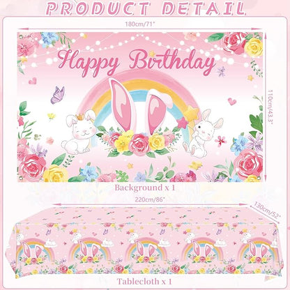 Pink Bunny Birthday Party Decorations for Gilrs - Rabbit Party Supplies including Happy Birthday Backdrop, Spirals, Cake Toppers, Table Centerpieces, Balloons (BJ)