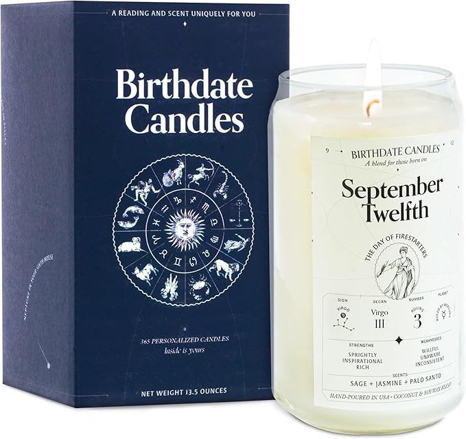 The Original Birthdate Candles, September 12 - Virgo Zodiac Scented Candles Birthday Gift - Sage, Jasmine & Palo Santo Scent - All-Natural Soy & Coconut Wax, 60-80 Hour Burn Time - Made in USA