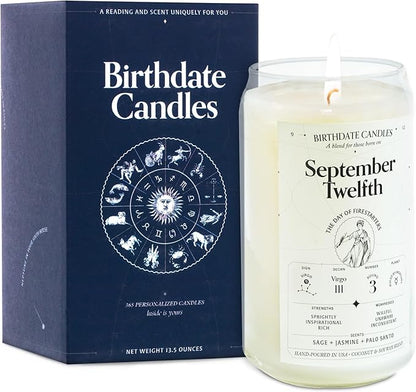 The Original Birthdate Candles, September 12 - Virgo Zodiac Scented Candles Birthday Gift - Sage, Jasmine & Palo Santo Scent - All-Natural Soy & Coconut Wax, 60-80 Hour Burn Time - Made in USA