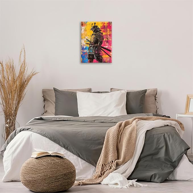 Japanese Wall Art, Graffiti Samurai Pictures Wall Decor, Banksy Samurai Canvas Prints, Japan Painting, Framed Artwork for Bathroom Living Room Bedroom Office Dining Room 16"X12"