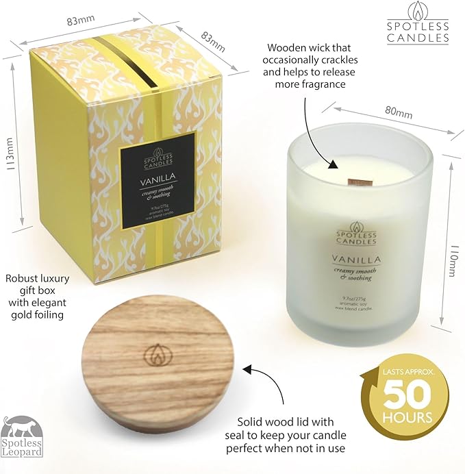 Vanilla Candle - 9.7 oz /275g Vanilla Scented Candle in Cream Frosted Glass Jar with Wooden Lid and Wooden Crackling Wick in a Luxurious Gift Box - Creamy, Smooth and Soothing