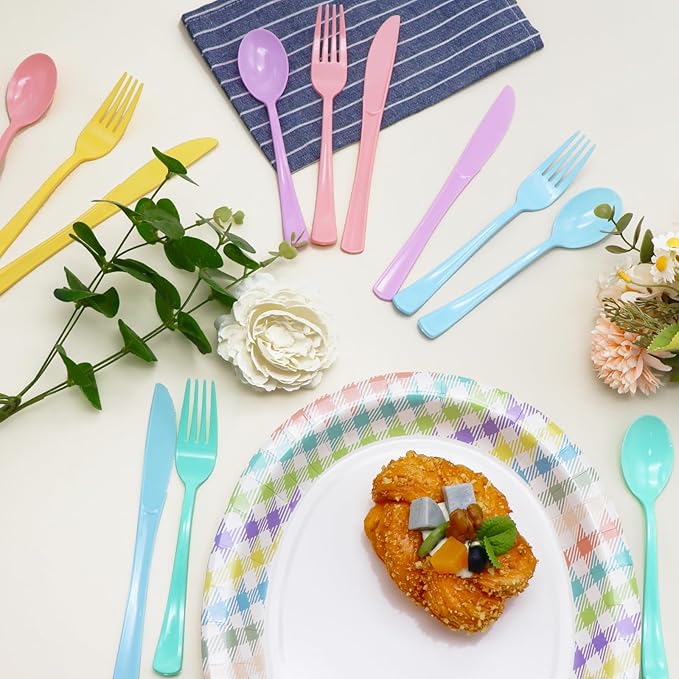 300 PCS Pastel Plastic Silverware, Iridescent Utensils Plastic Silverware, 5 Macaron Colors Pastel Party Supplies Includes 100 Forks 100 Knives 100 Spoons for Birthday, Garden Party, Wedding