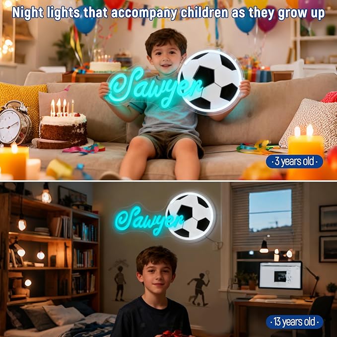 Custom Name Neon Sign, Personalized Soccer Neon Light for Wall Decor, Customizable Sports Led Light Up Signs for Soccer Player Present Kids Boys Bedroom Birthday Party Man Cave Bar Fans Club