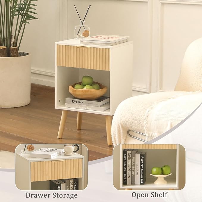 Night Stand with Charger Station, Modern Wood Nightstand with Drawer and Outlet, Fluted Bedside Table End Table with Solid Wood Legs for Bedroom, Living Room, Office (White Oak)