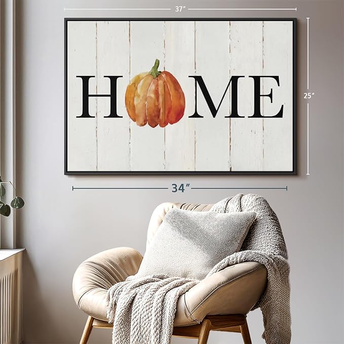 Elephant Stock Home Pumpkin Wall Art - Horizontal Floating Framed Canvas - 1-Piece Living Room Wall Decor - Rural Watercolor Canvas Print - Beige and Black Decor for Wall - by Carol Robinson - 37" X 25"
