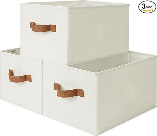 StorageWorks Closet Organizers and Storage Bins, Foldable Shelf Baskets, Clothes Storage Basket for Organization, Ivory White, 3-Pack, Large