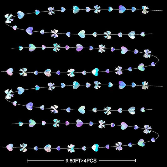 Iridescent Bow Decorations Holographic Paper Heart Bow Hanging Garland Streamer for Coquette Bachelorette Birthday Valentines Wedding Bridal Shower Engagement Anniversary Party Decorations Supplies