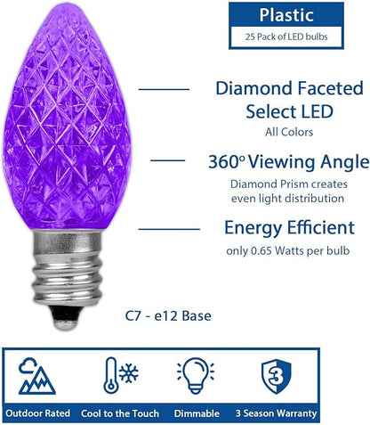 Novelty Lights 25pk Yellow/Purple/Green C7 LED Faceted Christmas Light Replacement Bulbs, Ultra Bright Dimmable Replacement Lamps for Indoor/Outdoor Light Strings