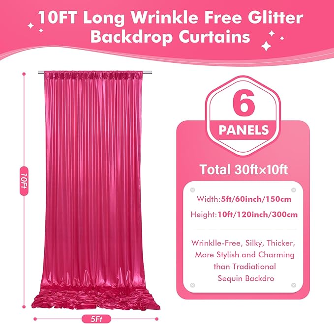 30x10ft Shimmer Hot Pink Sequin Backdrop Curtain for Parties-6 Panels 5x10ft Thick Wrinkle Free Glitter Fuchsia Photo Backdrop Drapes Curtains for Wedding Hot Pink Theme Party Photography Background